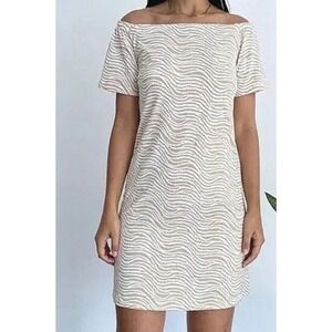 J.McLaughlin Tan White Zebra Wavy Print Off Shoulder Shift Dress Large L
